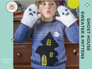 knitting pattern for a blue kids jumper, large black spooky ghost house on the front which has pockets, ghost mittens for child, dk yarn, kids sweater knitting pattern, spooky, halloween, halloween jumper