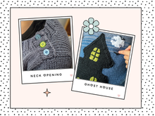 Load image into Gallery viewer, knitting pattern for a blue kids jumper, large black spooky ghost house on the front which has pockets, ghost mittens for child, dk yarn, kids sweater knitting pattern, spooky, halloween, halloween jumper
