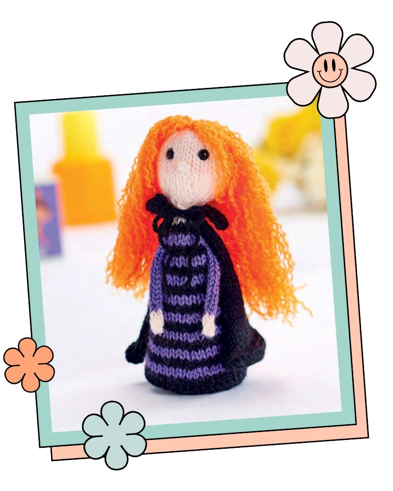 Knitted witch toy with orange hair and black cape, halloween decoration knitting pattern for beginners