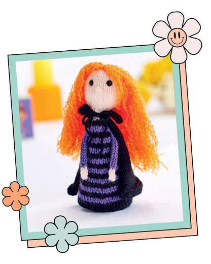 Knitted witch toy with orange hair and black cape, halloween decoration knitting pattern for beginners