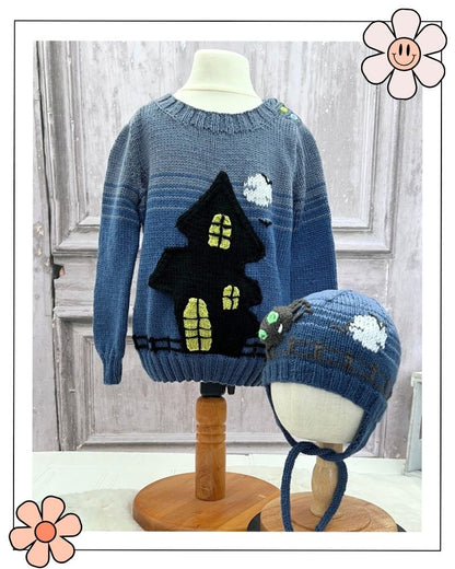 halloween hats collection knitting patterns jane burns, spider hat and matching ghost house jumper