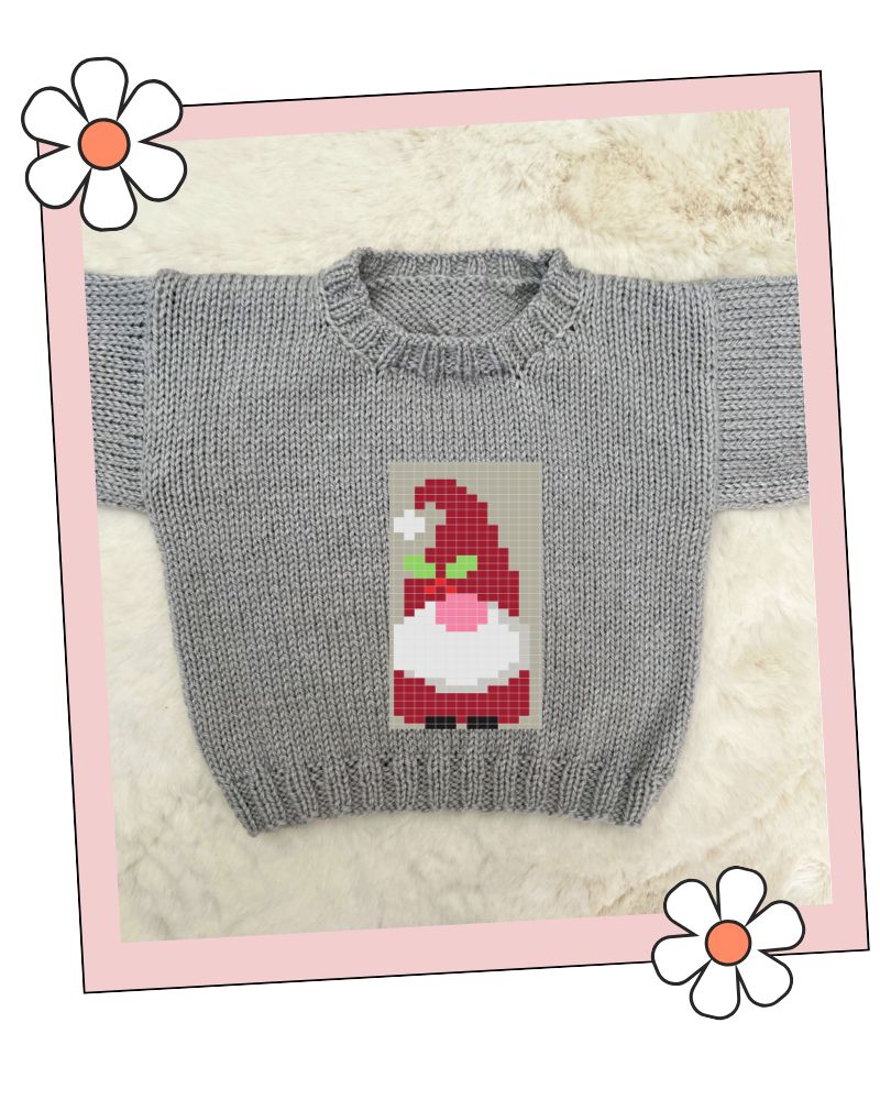 Finished baby jumper knitted using the Harold Gonk chart from the Blank Canvas Motif Library, Stylecraft Special DK, sizes 0-6 months to 4-5 years