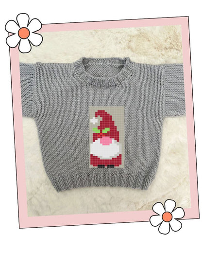 Finished baby jumper knitted using the Harold Gonk chart from the Blank Canvas Motif Library, Stylecraft Special DK, sizes 0-6 months to 4-5 years