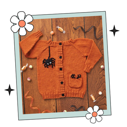 Kids Incy Wincy Spider, Kids Halloween Easy Cardigan - Knitting Pattern