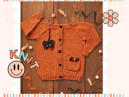 knitting pattern for easy kids cardigan, halloween spider cardigan for kids, knitting pattern by jane burns, halloween costume, 