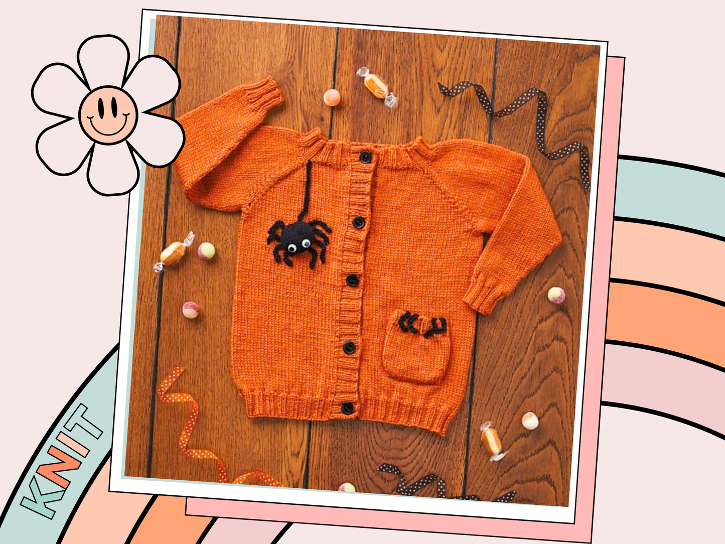 knitting pattern for easy kids cardigan, halloween spider cardigan for kids, knitting pattern by jane burns, halloween costume, 