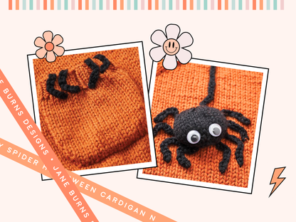 knitting pattern for easy kids cardigan, halloween spider cardigan for kids, knitting pattern by jane burns, halloween costume, 