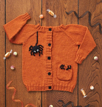 knitting pattern for easy kids cardigan, halloween spider cardigan for kids, knitting pattern by jane burns, halloween costume, 