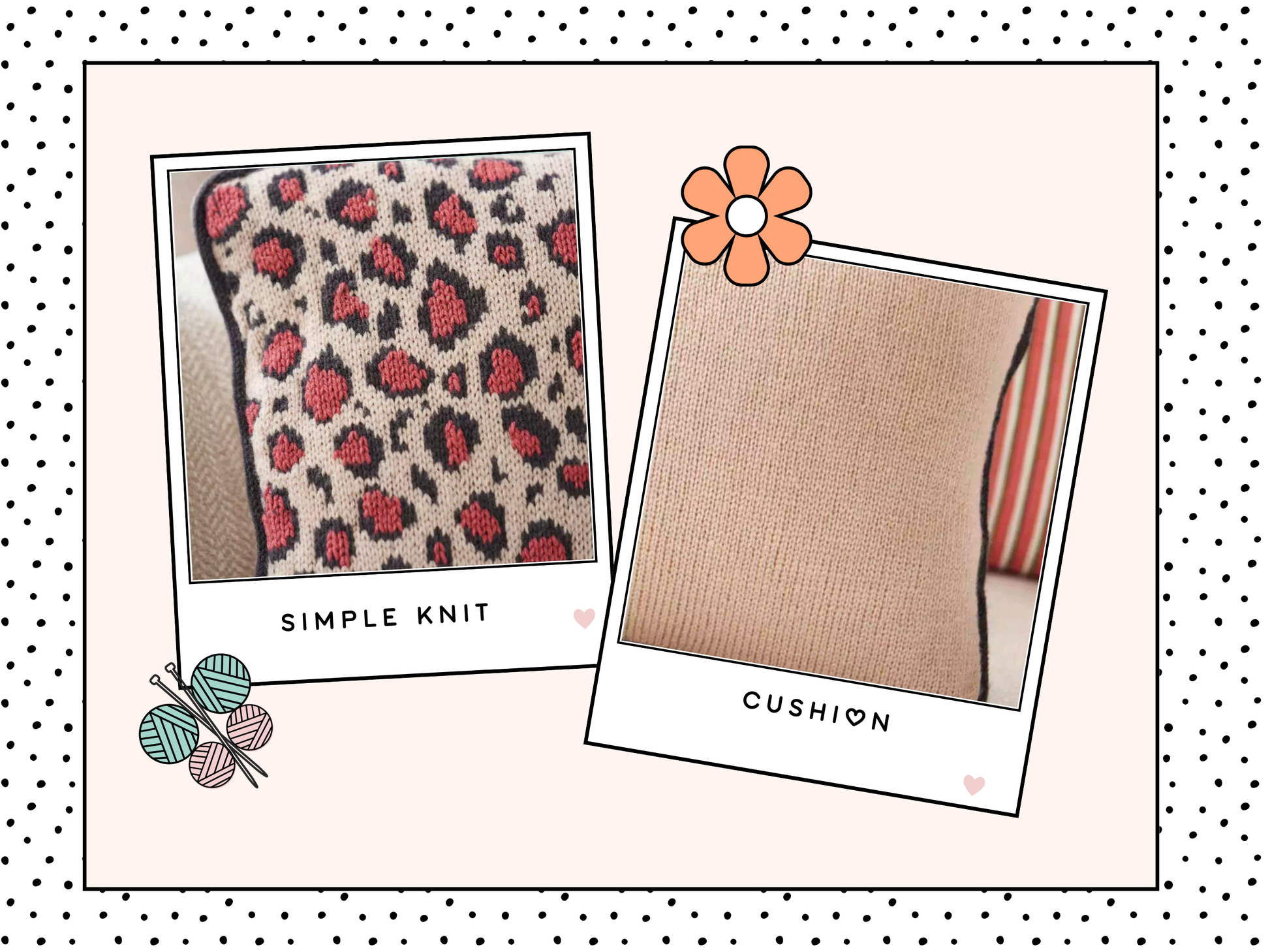 Leopard print colourwork cushion cover knitting pattern, DK yarn, worked flat on straight needles