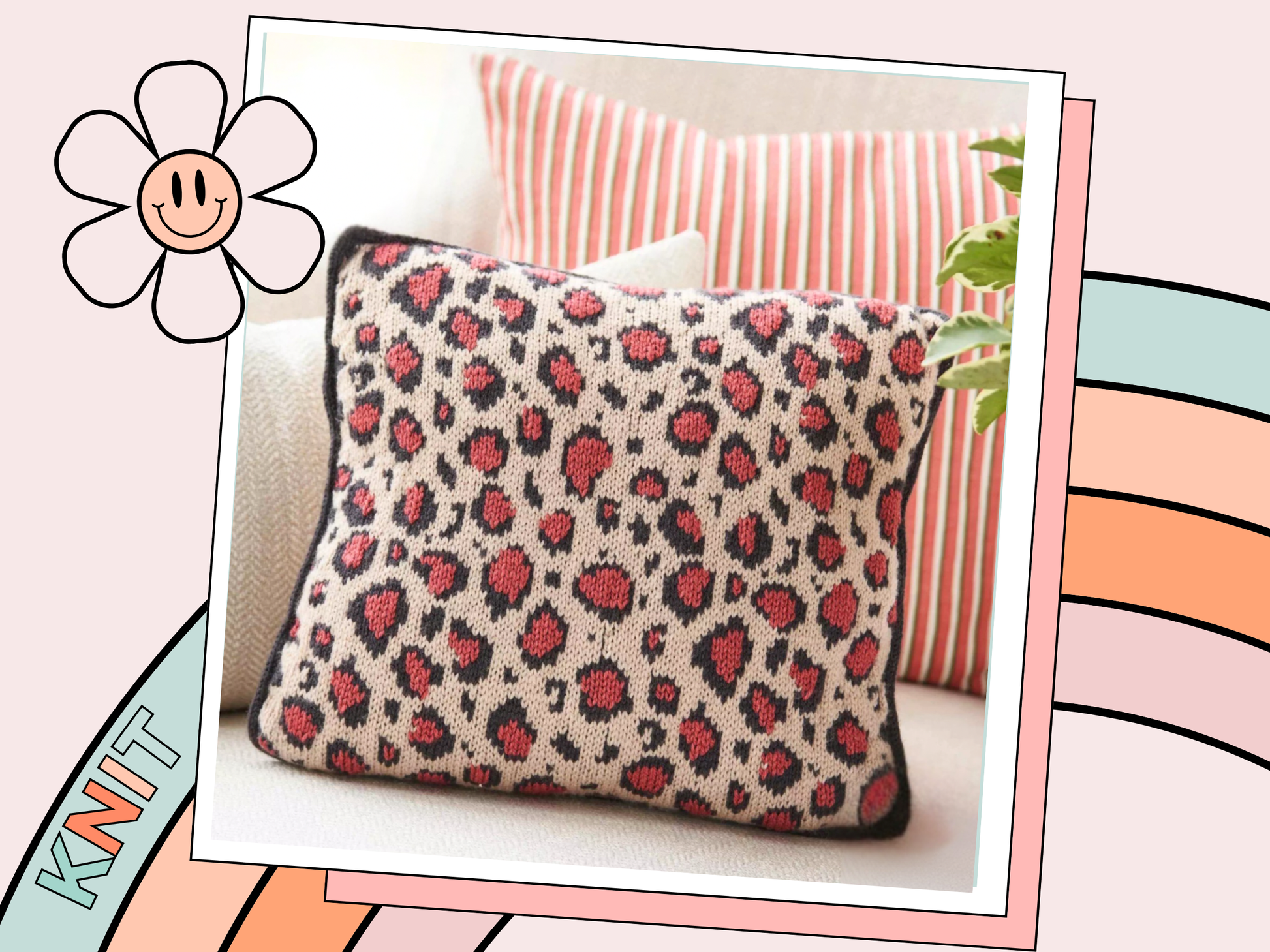 Leopard print colourwork cushion cover knitting pattern, DK yarn, worked flat on straight needles