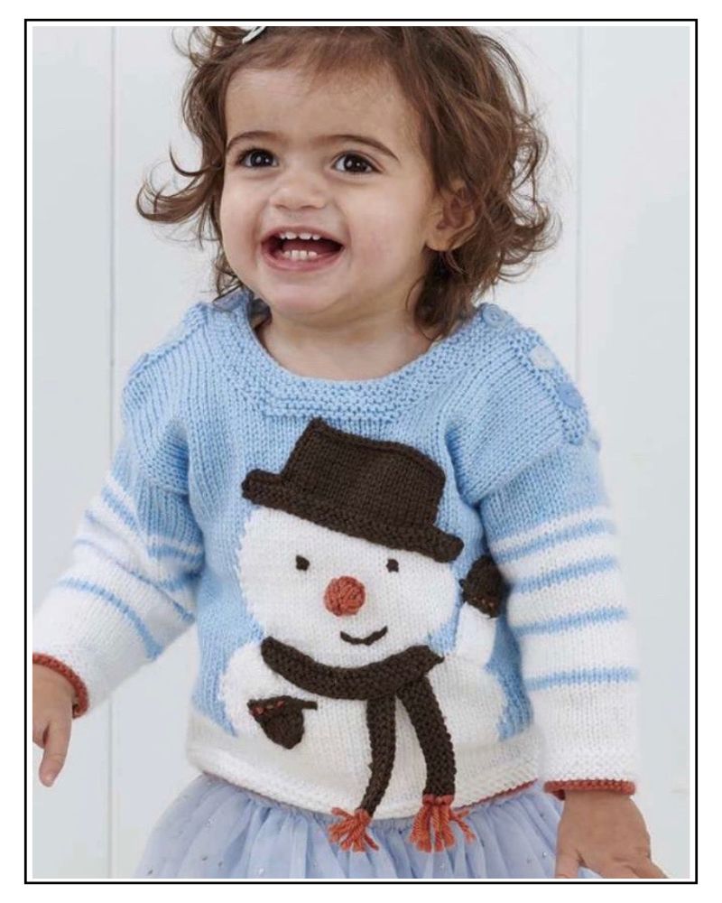 Baby wearing Humphrey snowman Christmas knitting pattern, soft DK yarn, gentle on little skin