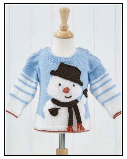Baby snowman intarsia jumper on mannequin, blue and white DK yarn, knitting pattern PDF instant download