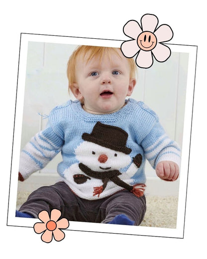 Toddler in handknitted snowman Christmas jumper, intarsia chart pattern for babies and toddlers