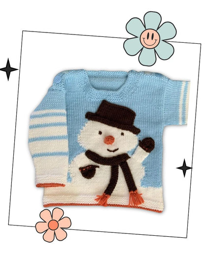 Striped sleeve detail on Humphrey baby snowman jumper, intarsia knitting pattern, Stylecraft Special DK