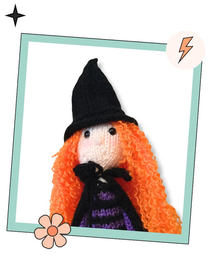 Monica the Witch halloween toy knitting pattern, front view showing striped body and pointed black hat