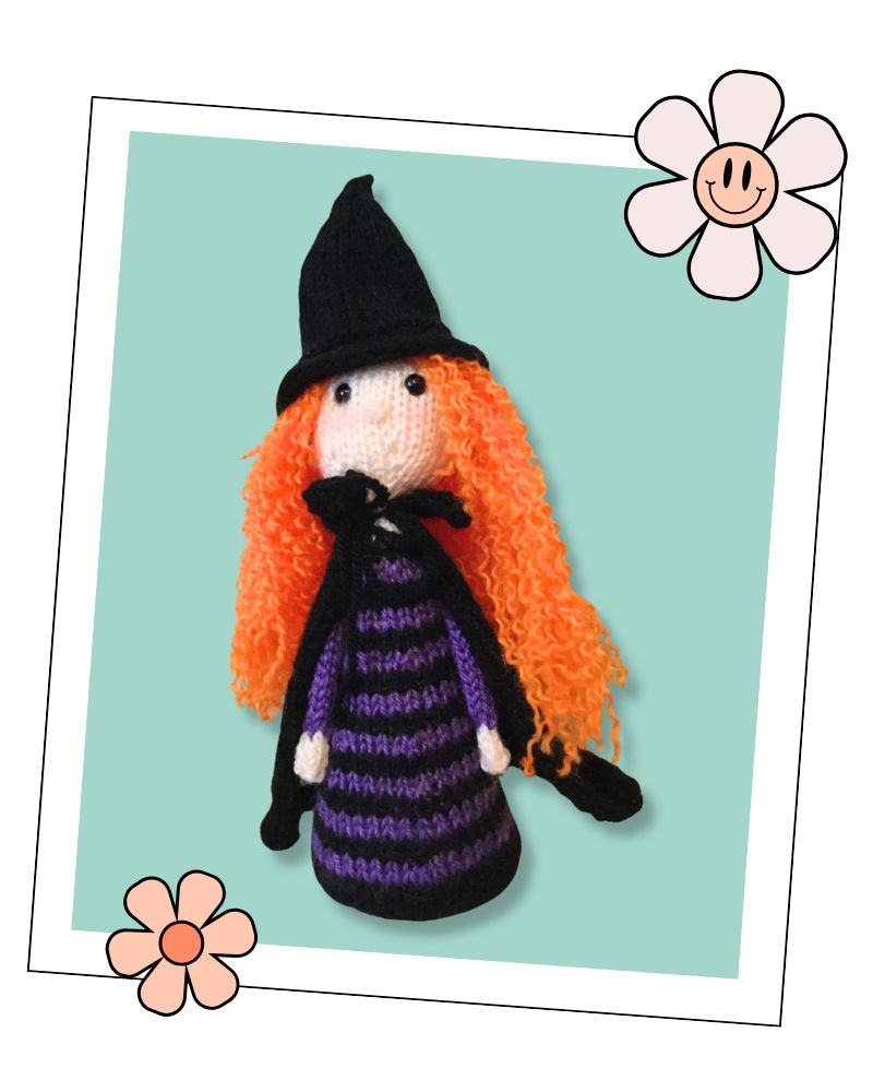 Monica the Witch knitted toy on teal background, beginner halloween knitting pattern in DK yarn