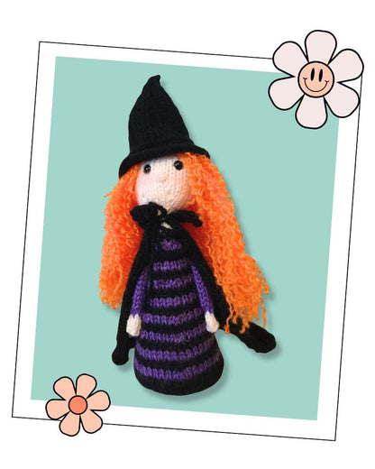 Monica the Witch knitted toy on teal background, beginner halloween knitting pattern in DK yarn