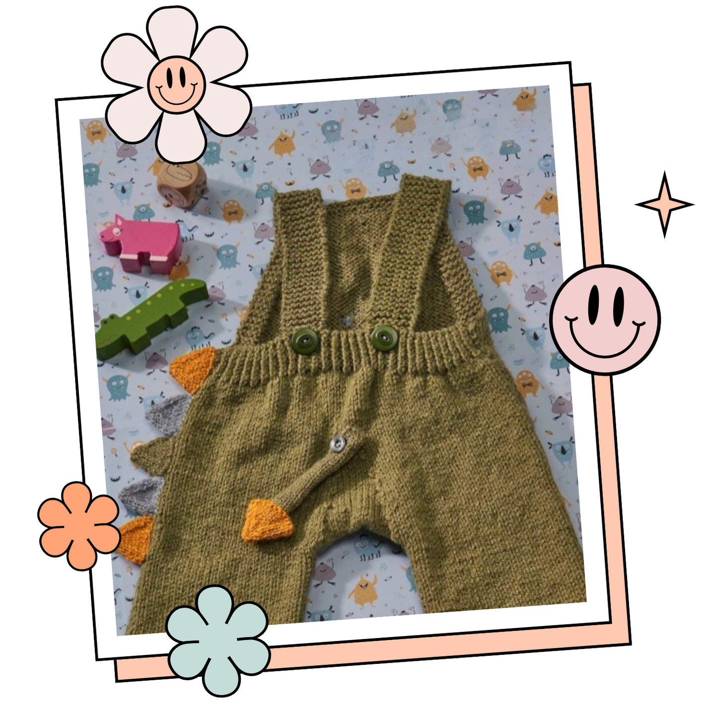 green monster dinosaur baby knitted romper with spikes a tail and a mouth that is also a pocket knitting pattern