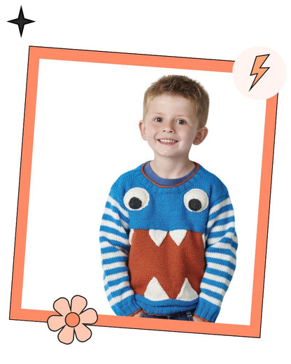 Kids monster applique jumper, blue and white stripe sleeves, King Cole Merino Blend DK