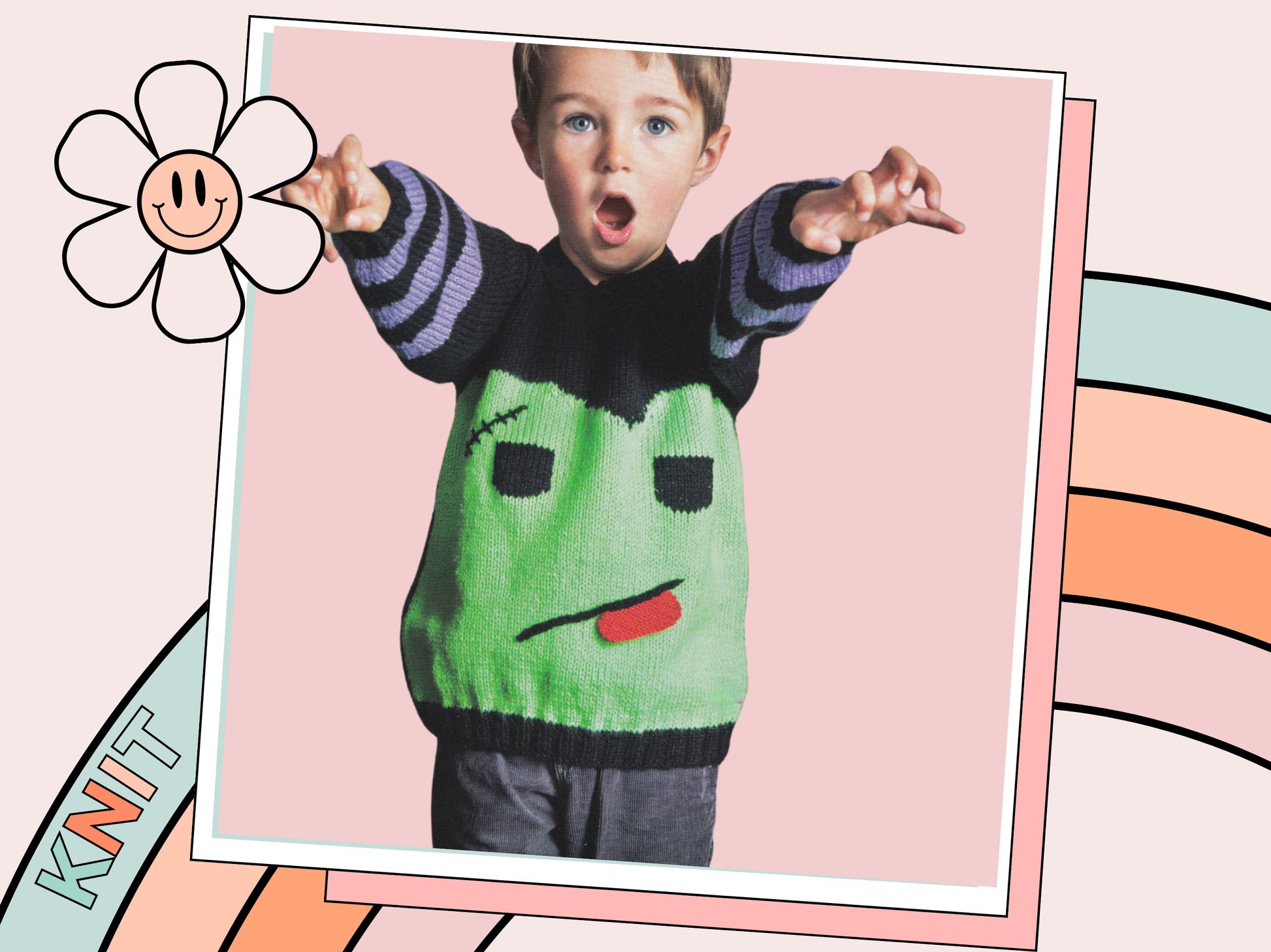monster frankenstein jumper knitting pattern for kids, children, boys, girls, knitted jumper halloween, jane burns