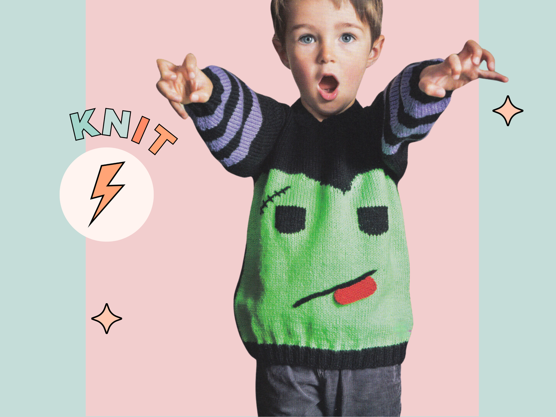monster frankenstein jumper knitting pattern for kids, children, boys, girls, knitted jumper halloween, jane burns