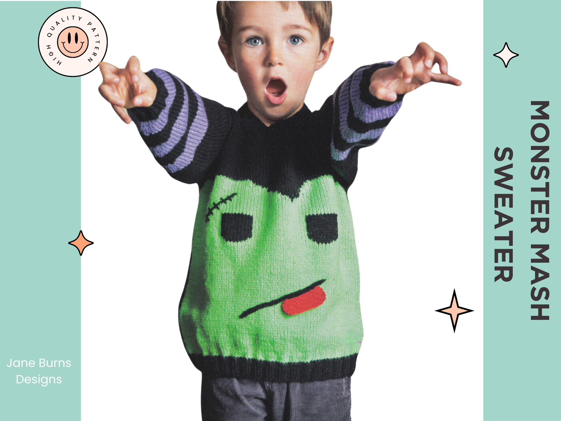 monster frankenstein jumper knitting pattern for kids, children, boys, girls, knitted jumper halloween, jane burns