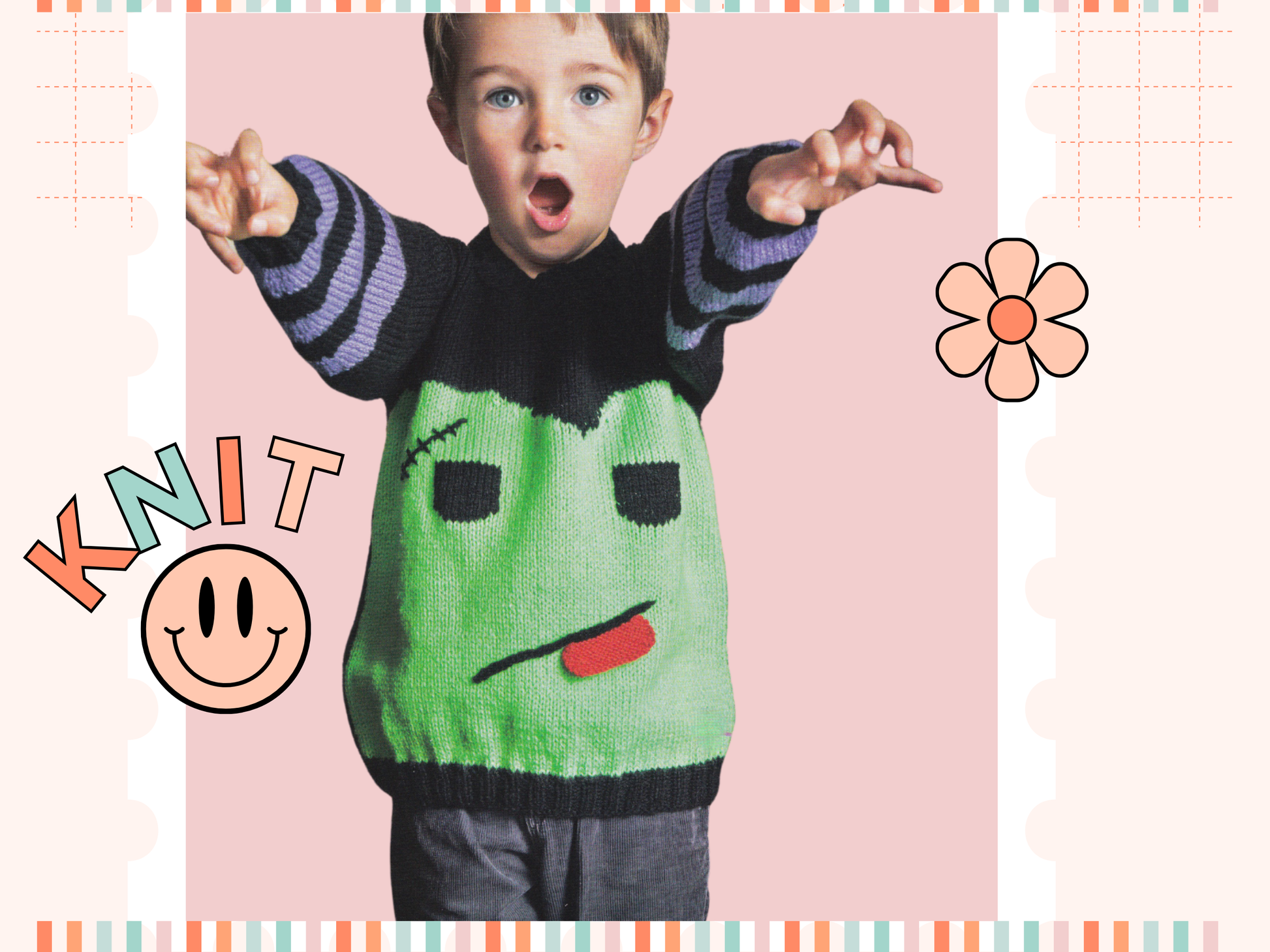 monster frankenstein jumper knitting pattern for kids, children, boys, girls, knitted jumper halloween, jane burns
