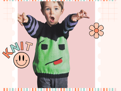 monster frankenstein jumper knitting pattern for kids, children, boys, girls, knitted jumper halloween, jane burns