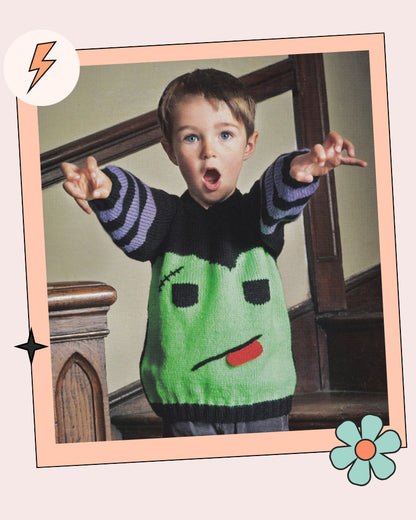 Halloween jumper knitting pattern for children, intarsia hair section in black on green DK