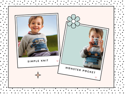 monster motif jumper with large pocket mouth and matching monster toy knitting pattern jane burns