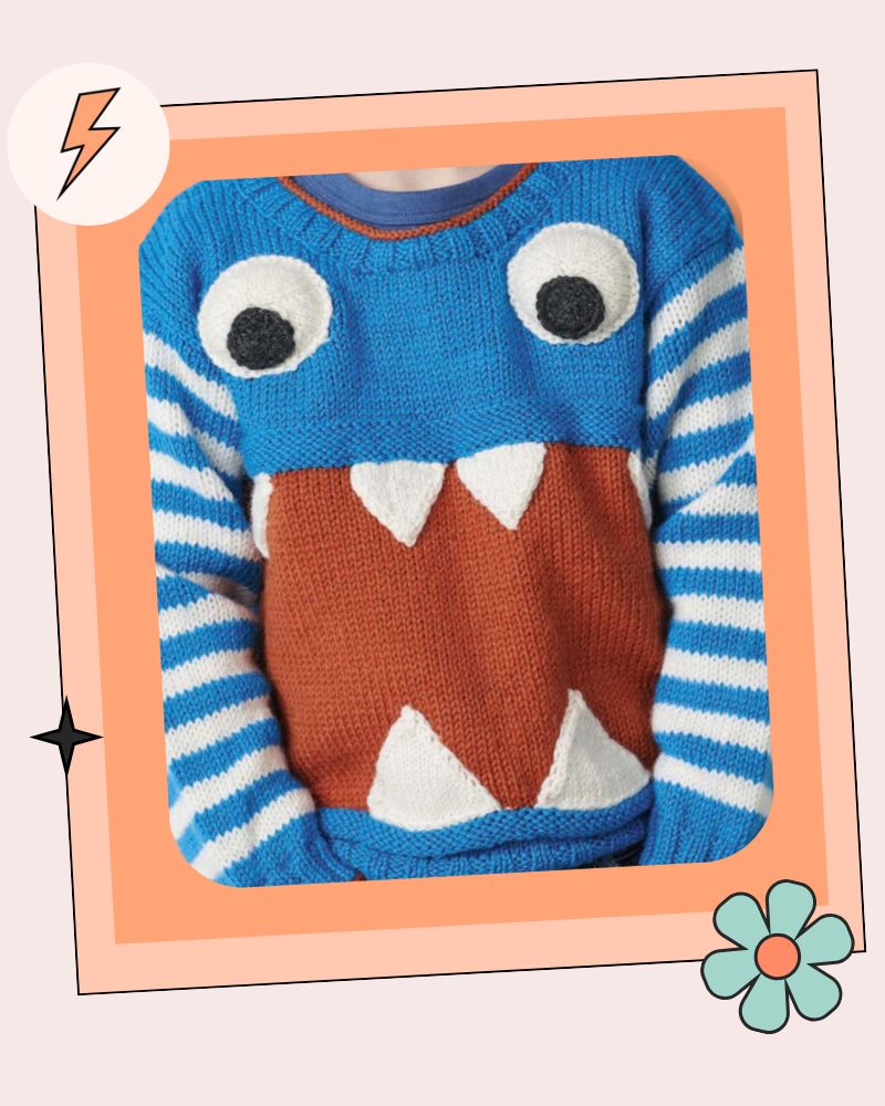Kids monster jumper front view, cinnamon rolled mouth with white teeth, blue and white stripes
