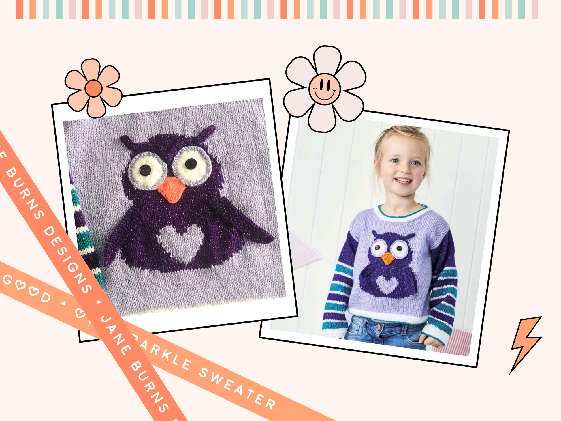 kids jumper pullover knitting pattern for an intarsia owl with large eyes and a love heart tummy, owl be good sweater jane burns