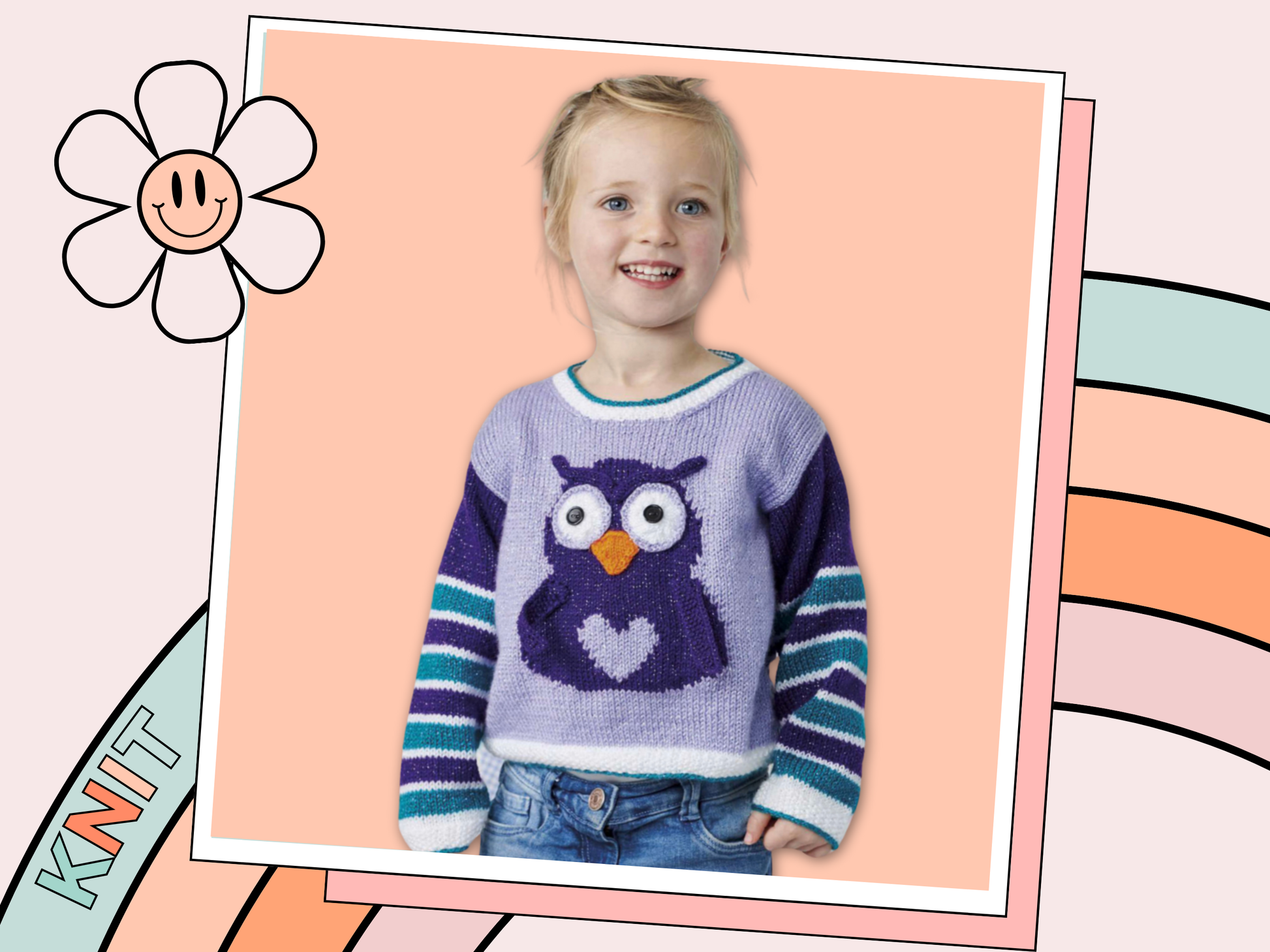 kids jumper pullover knitting pattern for an intarsia owl with large eyes and a love heart tummy, owl be good sweater jane burns