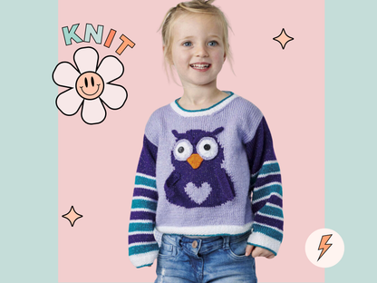 kids jumper pullover knitting pattern for an intarsia owl with large eyes and a love heart tummy, owl be good sweater jane burns