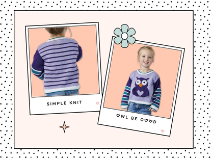 kids jumper pullover knitting pattern for an intarsia owl with large eyes and a love heart tummy, owl be good sweater jane burns