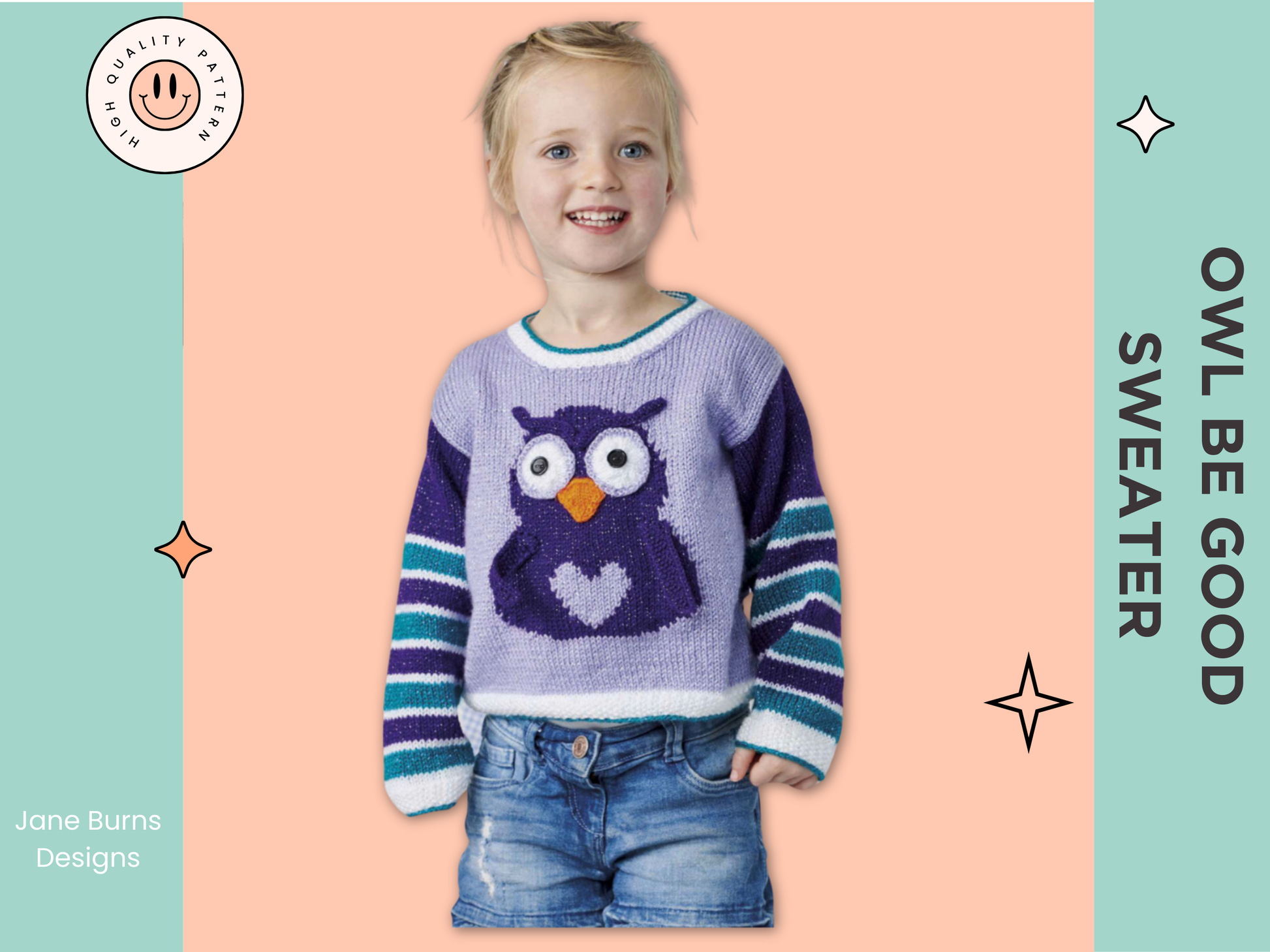 kids jumper pullover knitting pattern for an intarsia owl with large eyes and a love heart tummy, owl be good sweater jane burns