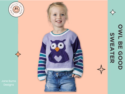 kids jumper pullover knitting pattern for an intarsia owl with large eyes and a love heart tummy, owl be good sweater jane burns