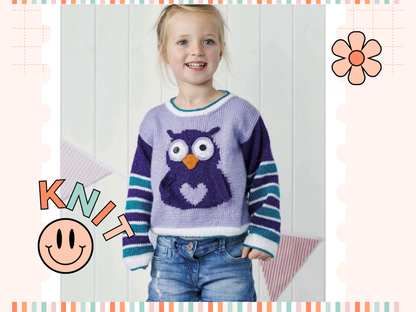 kids jumper pullover knitting pattern for an intarsia owl with large eyes and a love heart tummy, owl be good sweater jane burns