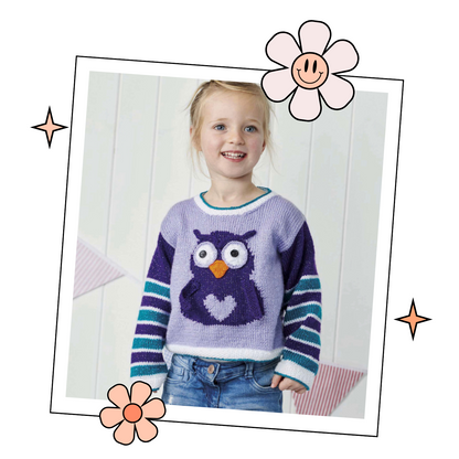 kids jumper pullover knitting pattern for an intarsia owl with large eyes and a love heart tummy, owl be good sweater jane burns