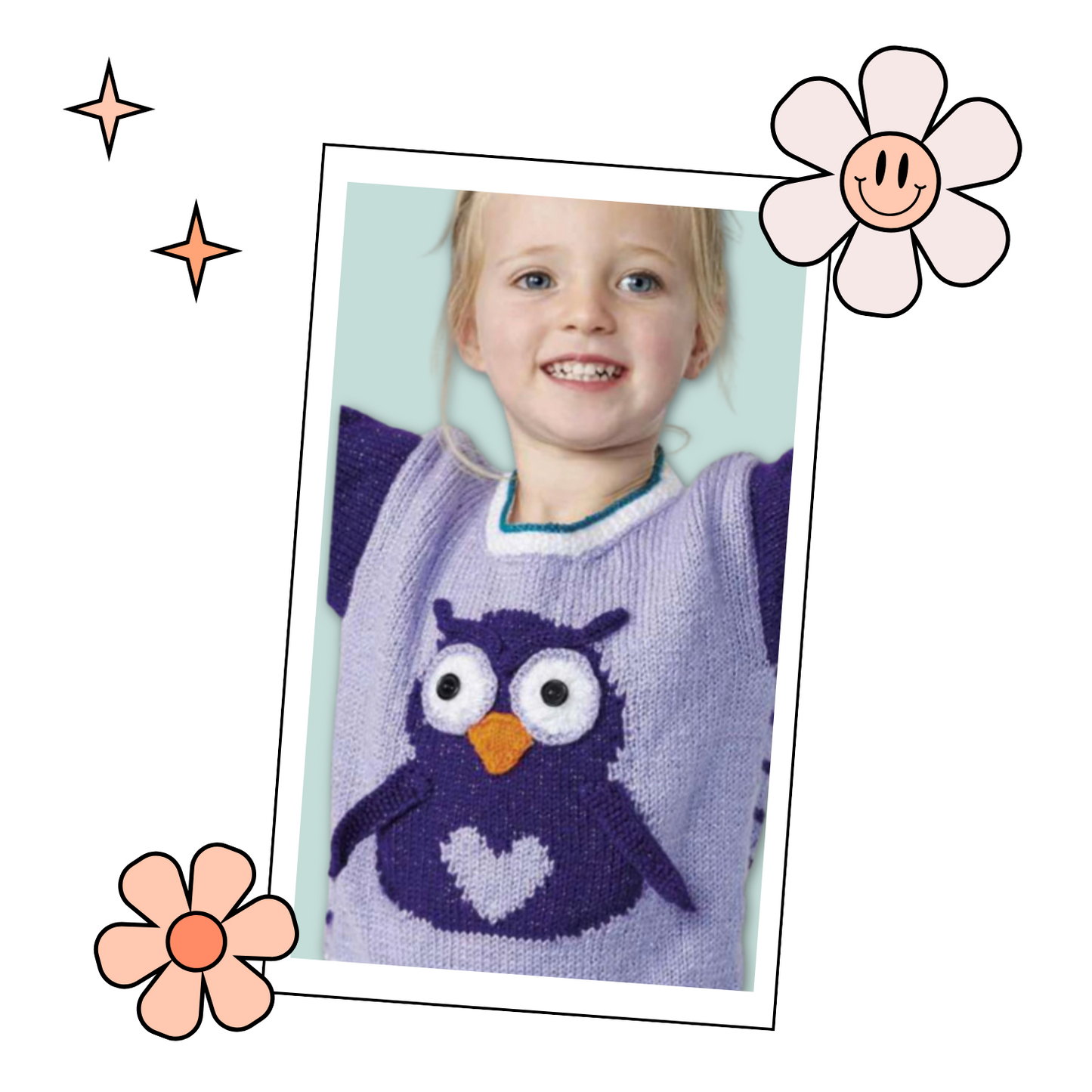 kids jumper pullover knitting pattern for an intarsia owl with large eyes and a love heart tummy, owl be good sweater jane burns