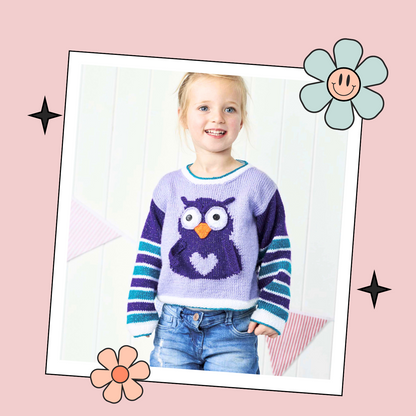 kids jumper pullover knitting pattern for an intarsia owl with large eyes and a love heart tummy, owl be good sweater jane burns