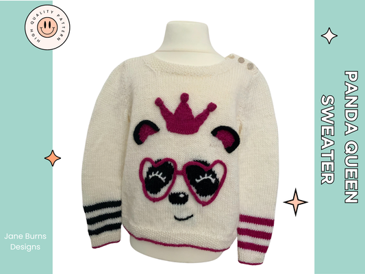 The perfect party ready pullover for the Panda loving Queen in your life.  Say hello to your little one’s new favourite jumper. Sized to fit ages 1-9 years please see table in image section for full yarn and sizing requirements.
The sweater is knit from the bottom up and seamed, there is a small chart included for the panda eyes and nose which you can either work using the intarsia method or duplicate stitch if you prefer. Lengths of i-cord are knitted and shaped to form those fabulous love heart glasses an