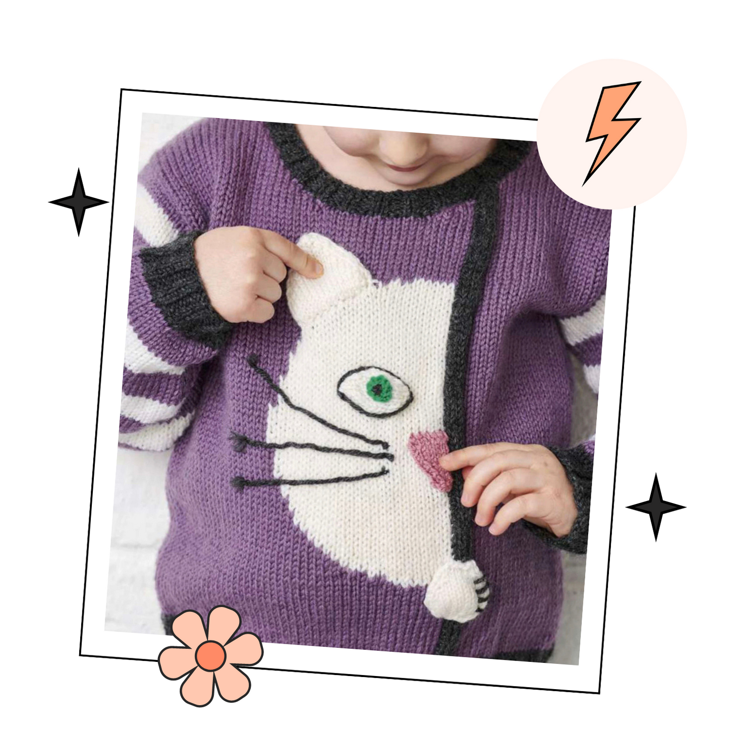 Peek a Boo Kitty Sweater, Simple Kids Intarsia Cat Jumper - Knitting Pattern