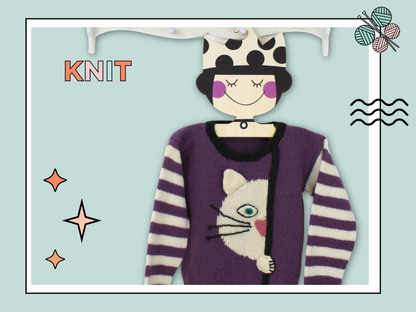 peek a boo kitty, cat jumper knitting pattern by jane burns, kids sweater knitting pattern download