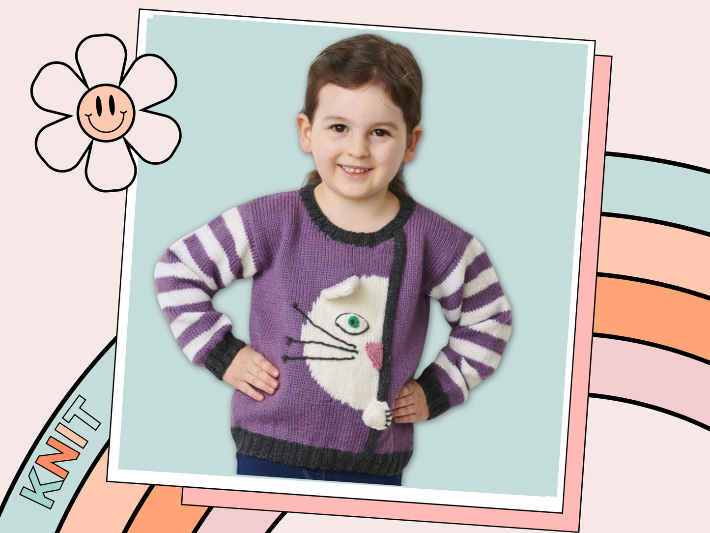 peek a boo kitty, cat jumper knitting pattern by jane burns, kids sweater knitting pattern download