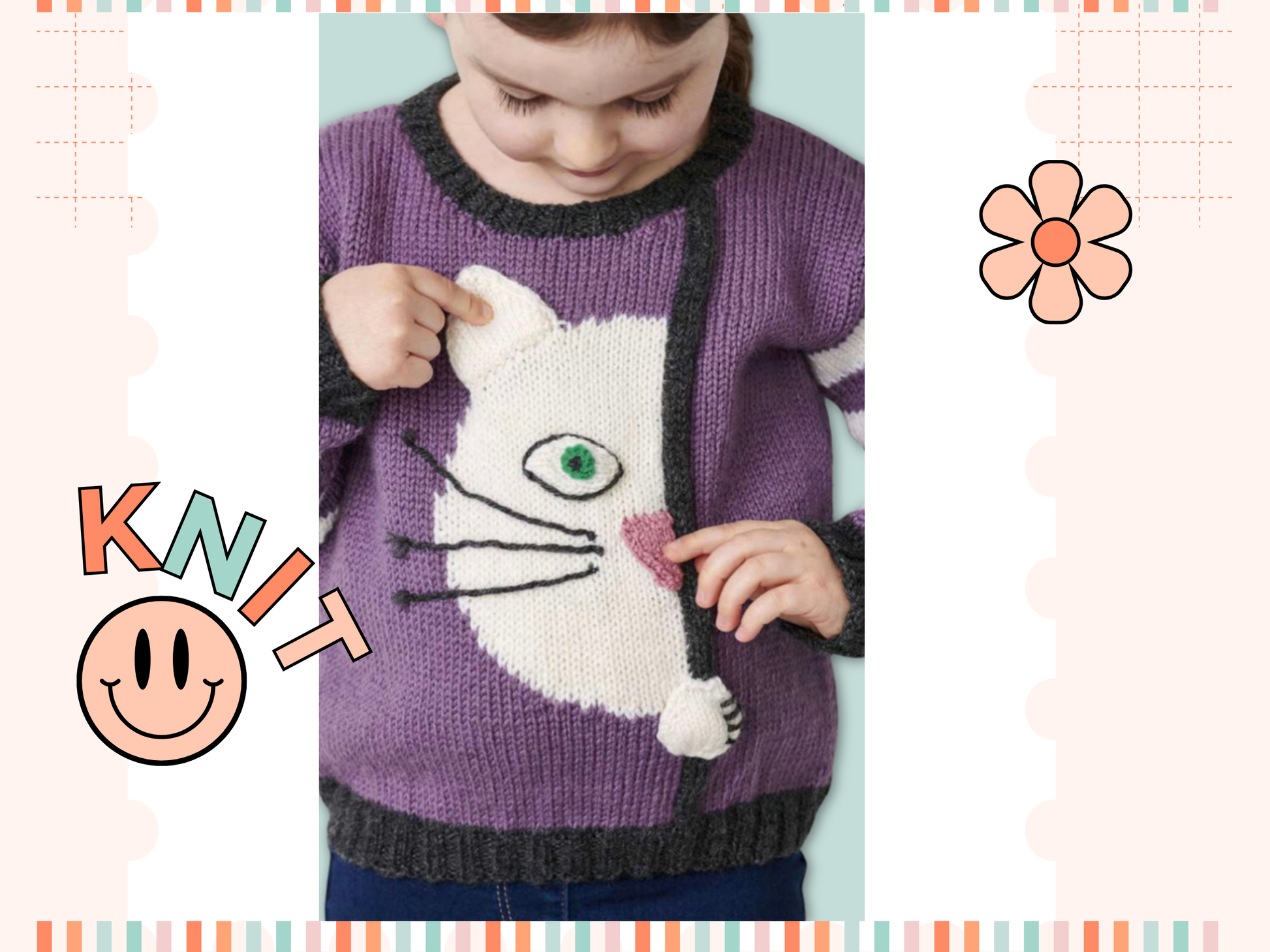 peek a boo kitty, cat jumper knitting pattern by jane burns, kids sweater knitting pattern download