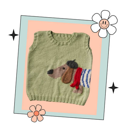 Petite Pooch Vest, Kids Intarsia French Dog Themed Tank Top - Knitting Pattern