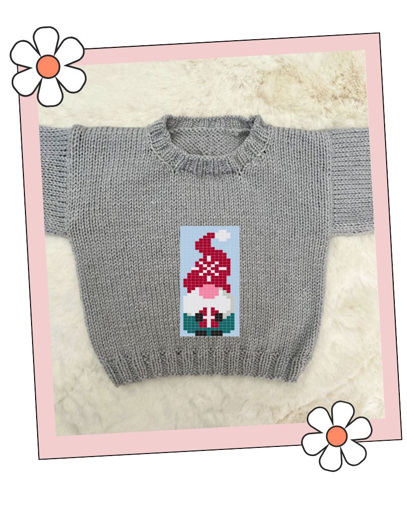 Finished baby jumper knitted using the Pip Gnome chart from the Blank Canvas Motif Library, Stylecraft Special DK, sizes 0-6 months to 4-5 years