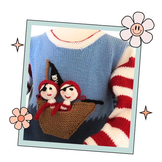 Pirate Boat Sweater and Finger Puppets, Kids Simple Jumper - Knitting Pattern