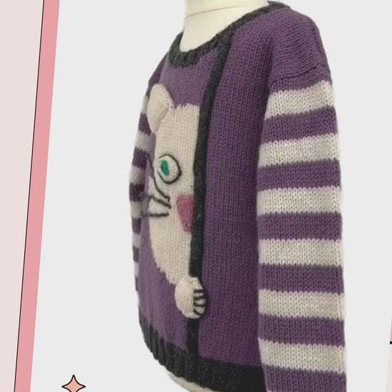 peek a boo kitty, cat jumper knitting pattern by jane burns, kids sweater knitting pattern download